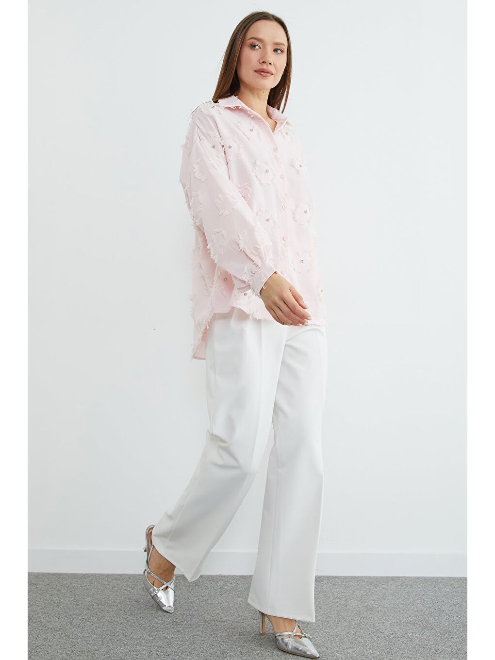 Pembe Püsküllü Taş işlemeli Salaş Gömlek-3