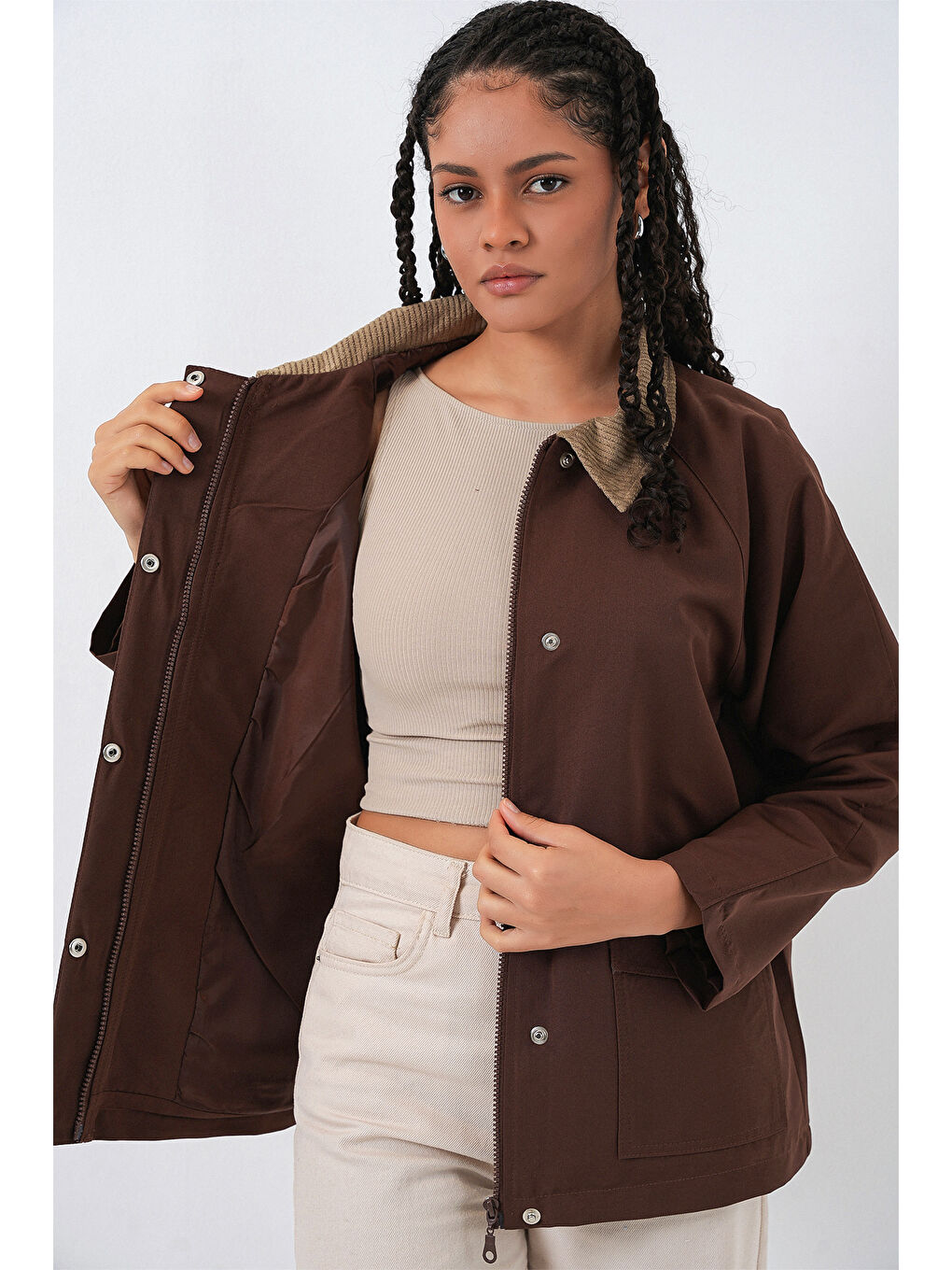Kadın Cep Detaylı Oversize Ceket 5973 - Kahverengi-5