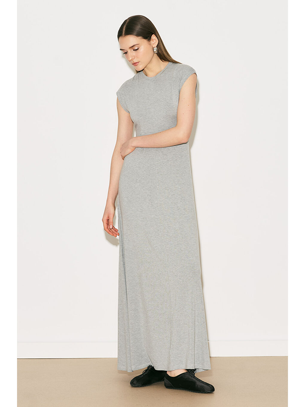 Easy Rahat Uzun Elbise Gri Melanj-2