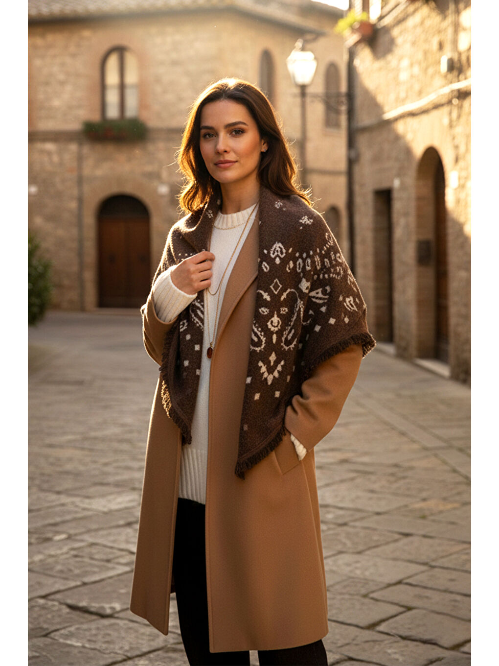 Kaşmir Örgü Desenli Kare Omuz Şalı 108x108 cm 1300 Kahverengi