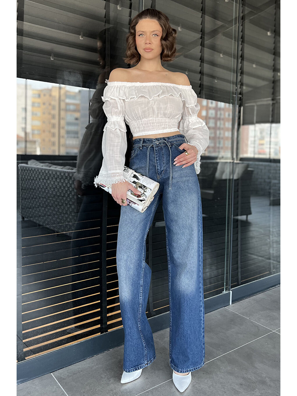 Lacivert Bel Bağlamalı Bol Paça Kadın Jean Pantolon-1