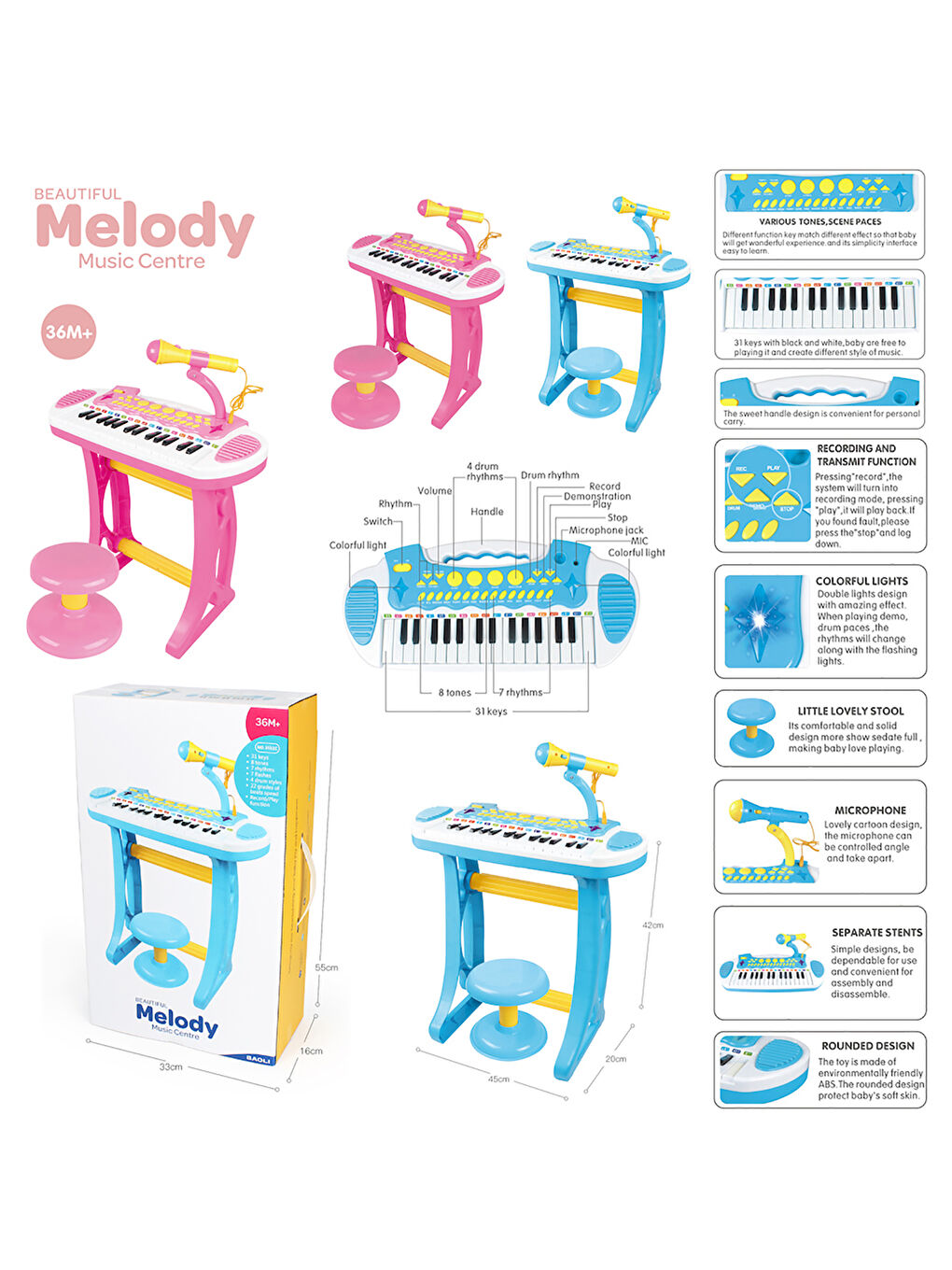 Mikrofonlu 24 Tuşlu Mp3 Çalar Mini Piyano Mavi-1