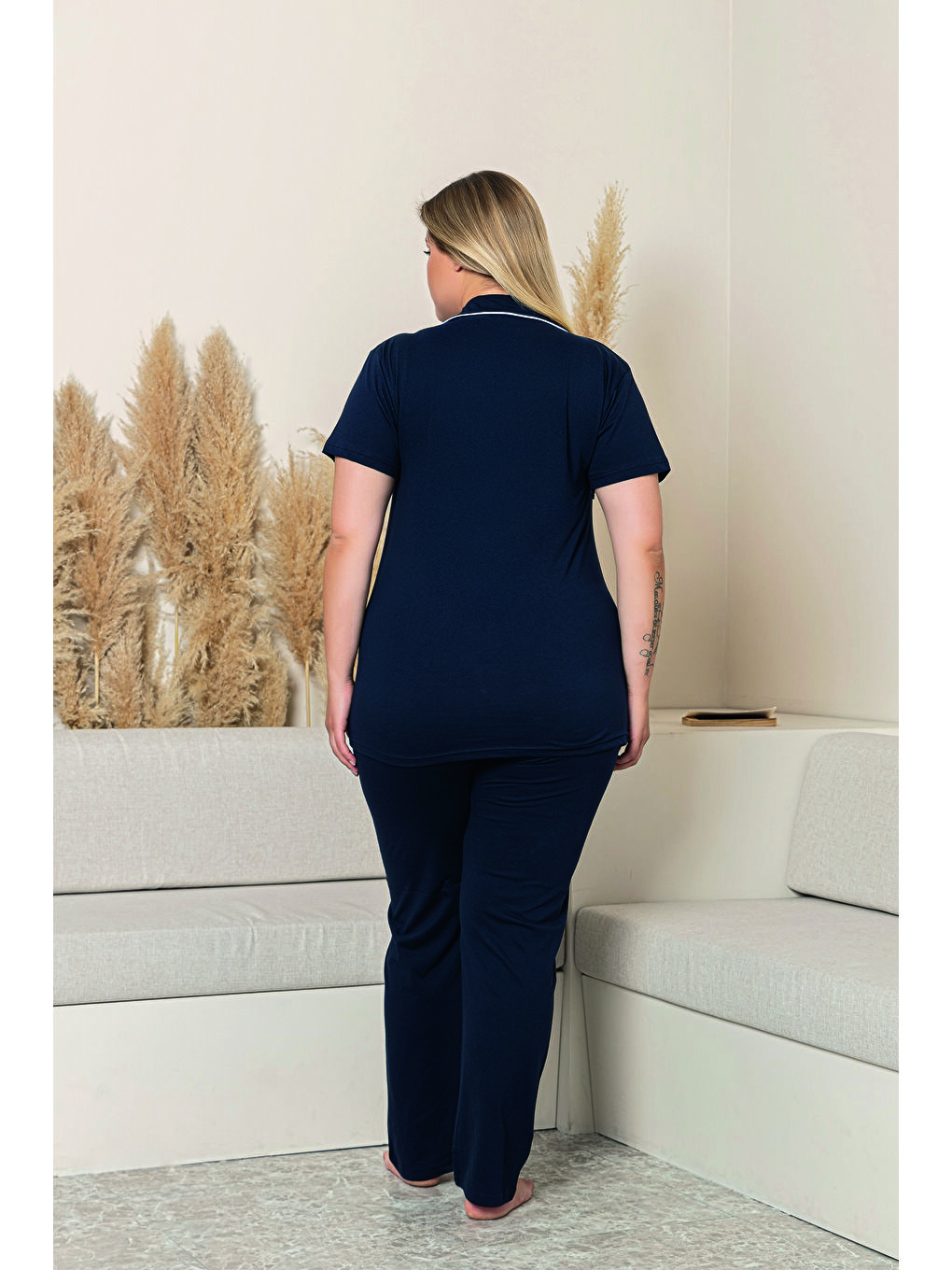 Lacivert Kadın %100 Organik Pamuk Doğal Gömlek Yaka Düğmeli Kısa Kollu Biyeli Battal Pijama Takımı-2