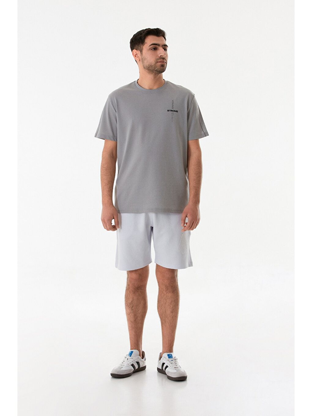 Gri Strong Baskılı Bisiklet Yaka Tişört-3