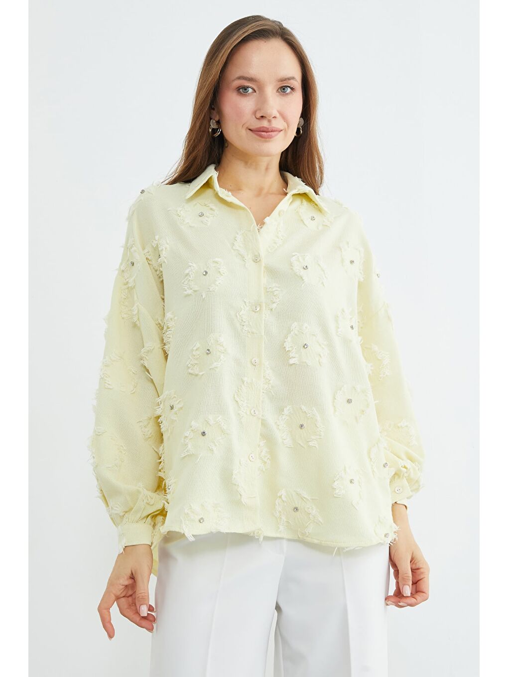 Sarı Püsküllü Taş işlemeli Salaş Gömlek-1