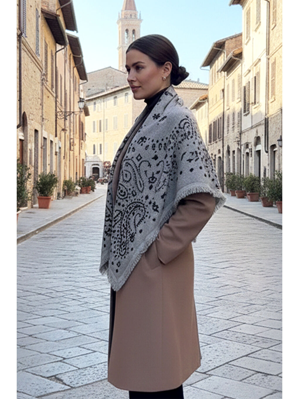 Kaşmir Örgü Desenli Kare Omuz Şalı 108x108 cm 1300 Gri-1