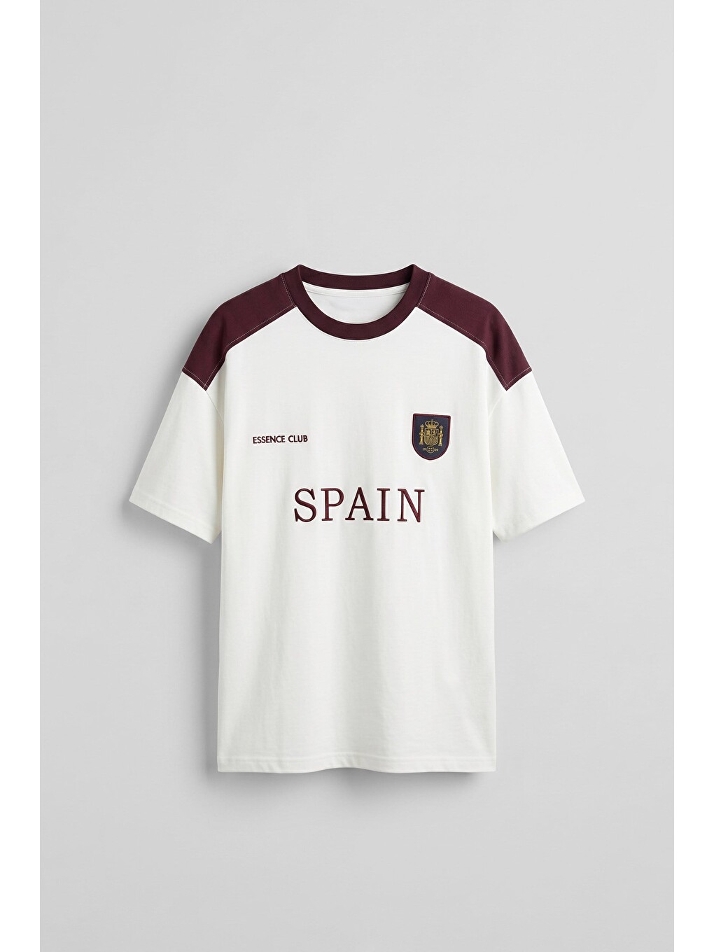 Erkek Oversize Nakışlı Ülke Temalı Forma T-Shirt Ekru/Bordo