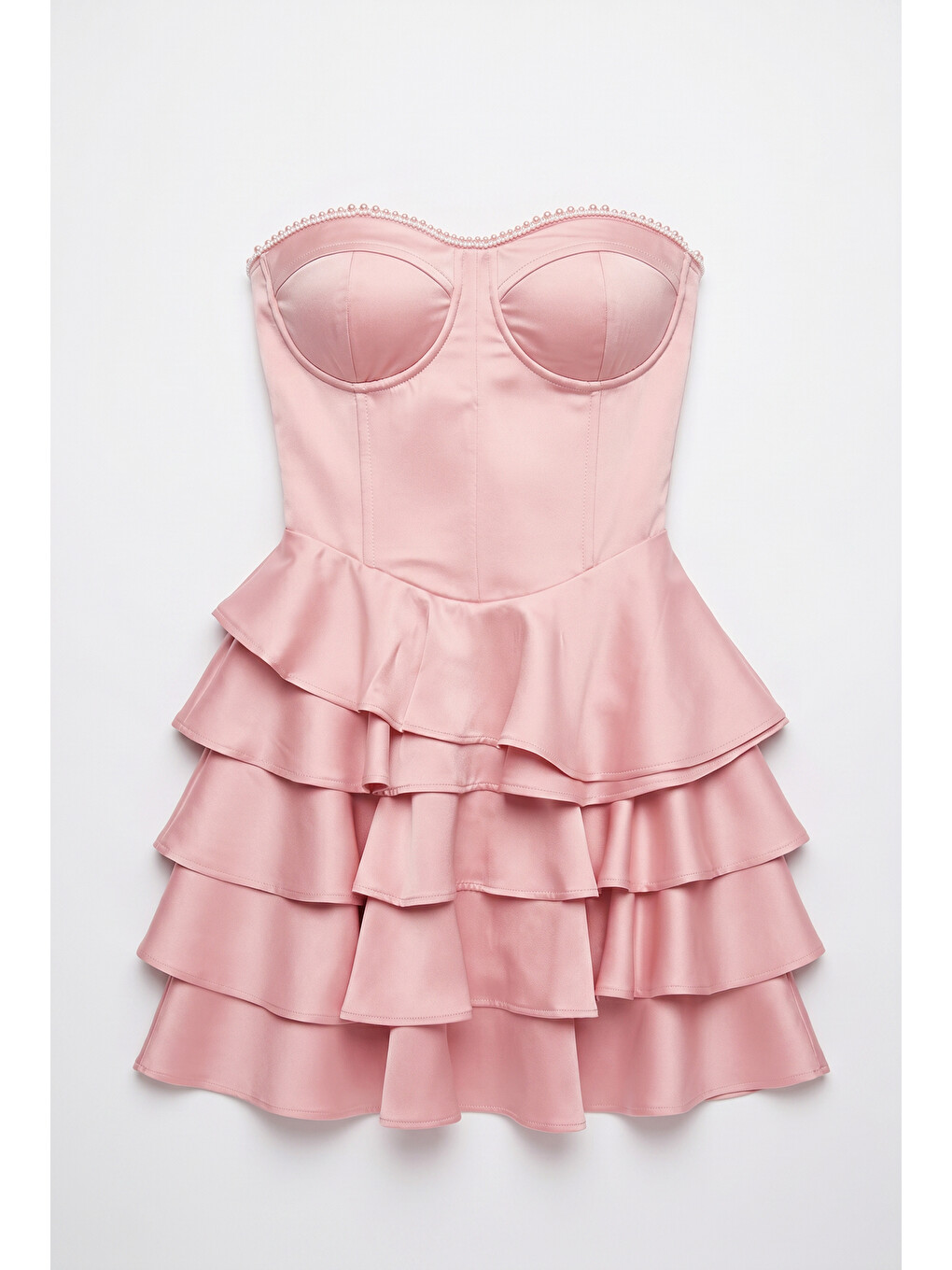 Pembe Straplez Katlı Volanlı Mini Elbise Pudra-1