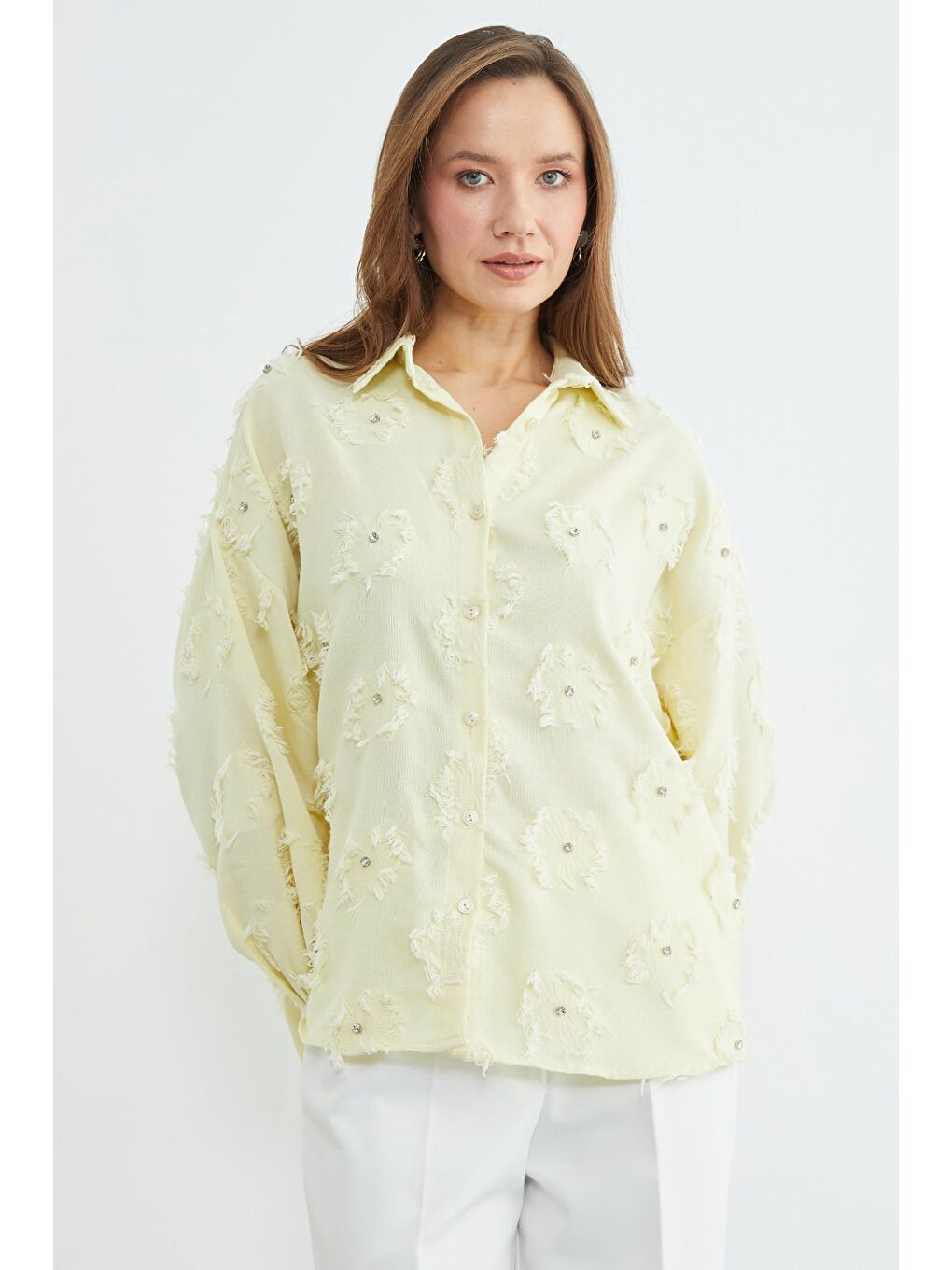 Sarı Püsküllü Taş işlemeli Salaş Gömlek-3