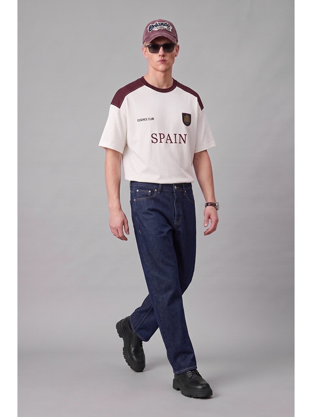 Erkek Oversize Nakışlı Ülke Temalı Forma T-Shirt Ekru/Bordo-2