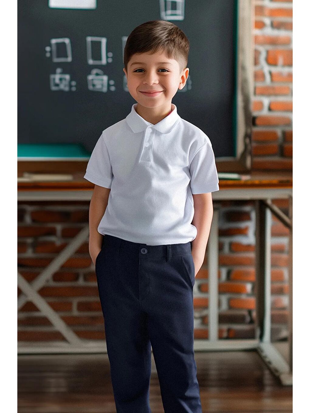 Lacivert Erkek Çocuk Regular Pamuklu Esnek Lastikli Chino Dokuma Okul Pantolon