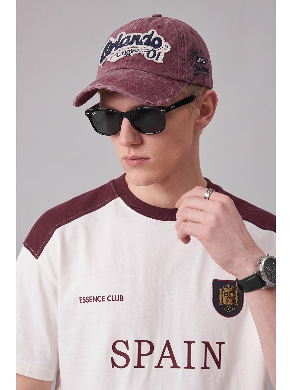 Erkek Oversize Nakışlı Ülke Temalı Forma T-Shirt Ekru/Bordo-3