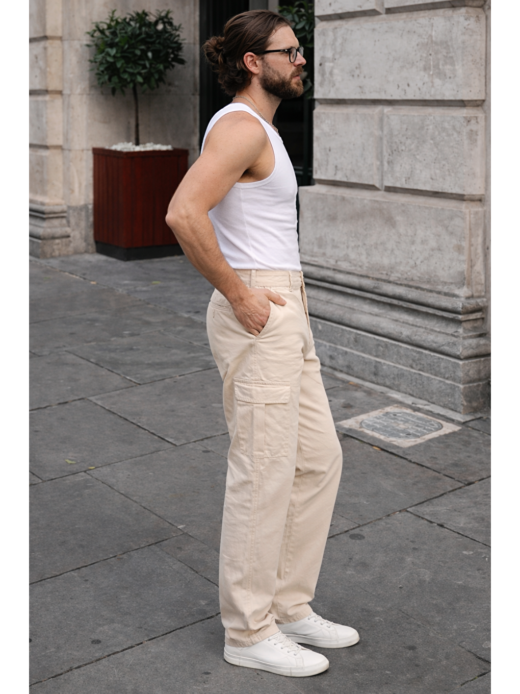 Erkek Günlük Kargo Cep Bej Baggy Pantolon-1