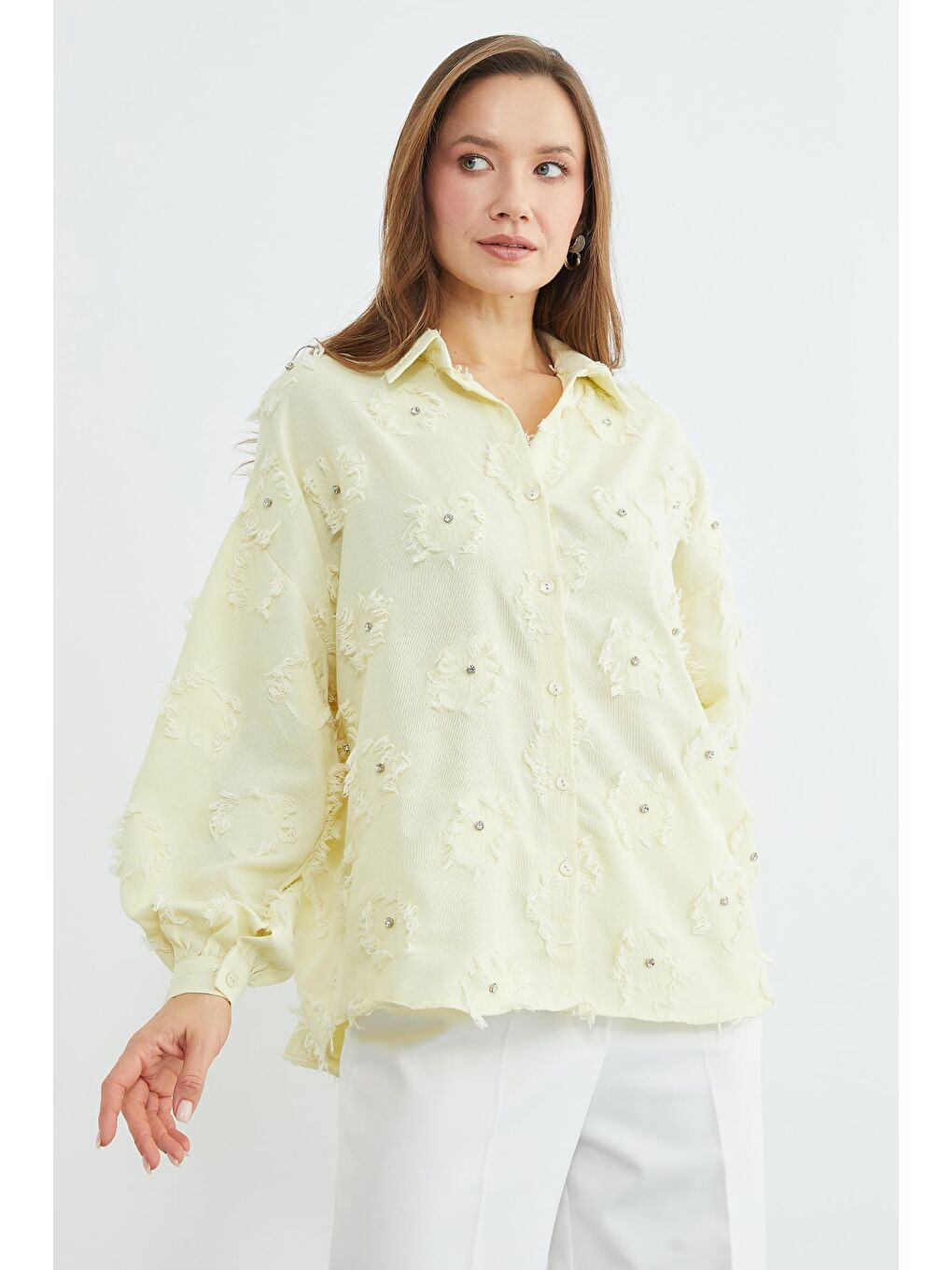 Sarı Püsküllü Taş işlemeli Salaş Gömlek-4