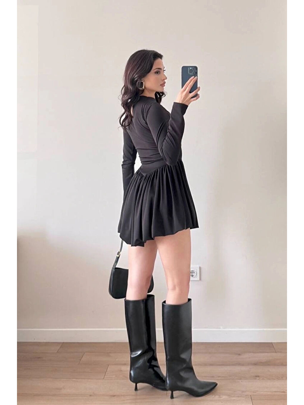 Kadın Siyah Dalgıç Kumaş Balon Elbise 1041-2717-1