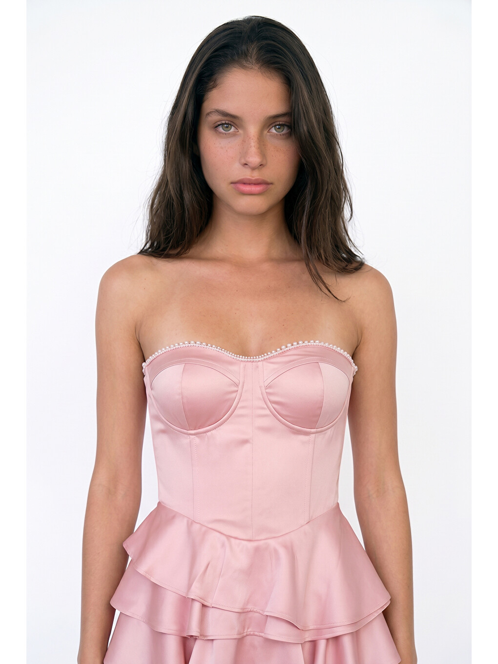 Pembe Straplez Katlı Volanlı Mini Elbise Pudra-3