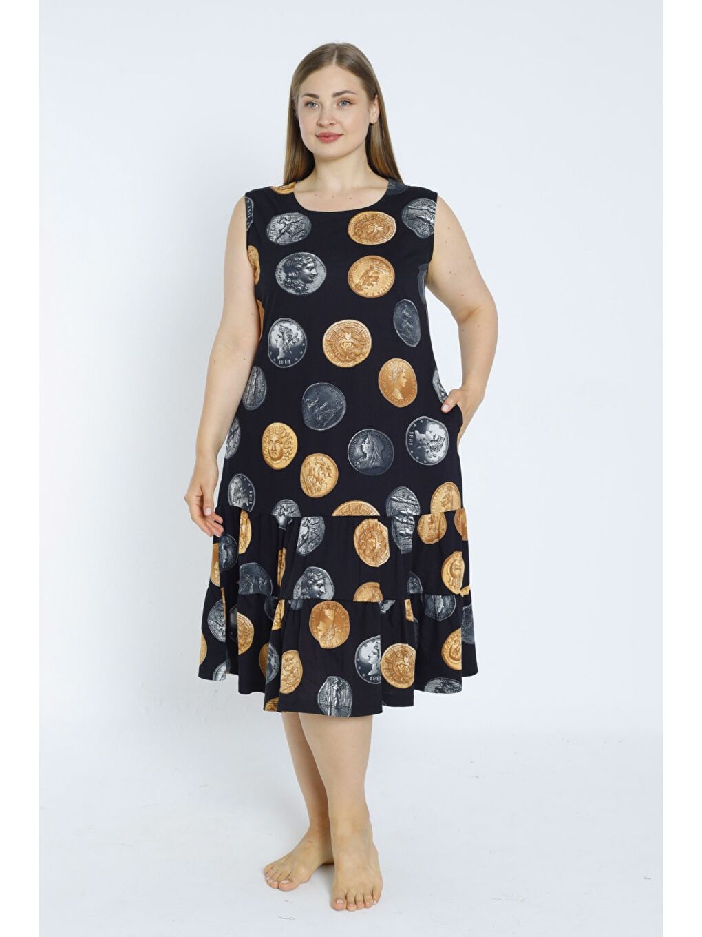 Siyah Para Desenli Askılı Cepli Pamuklu Elbise-2