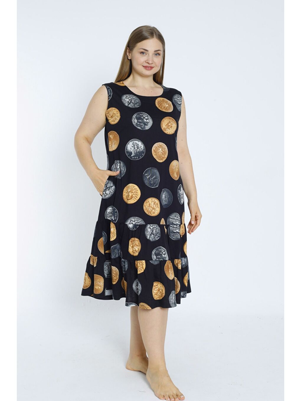 Siyah Para Desenli Askılı Cepli Pamuklu Elbise-3