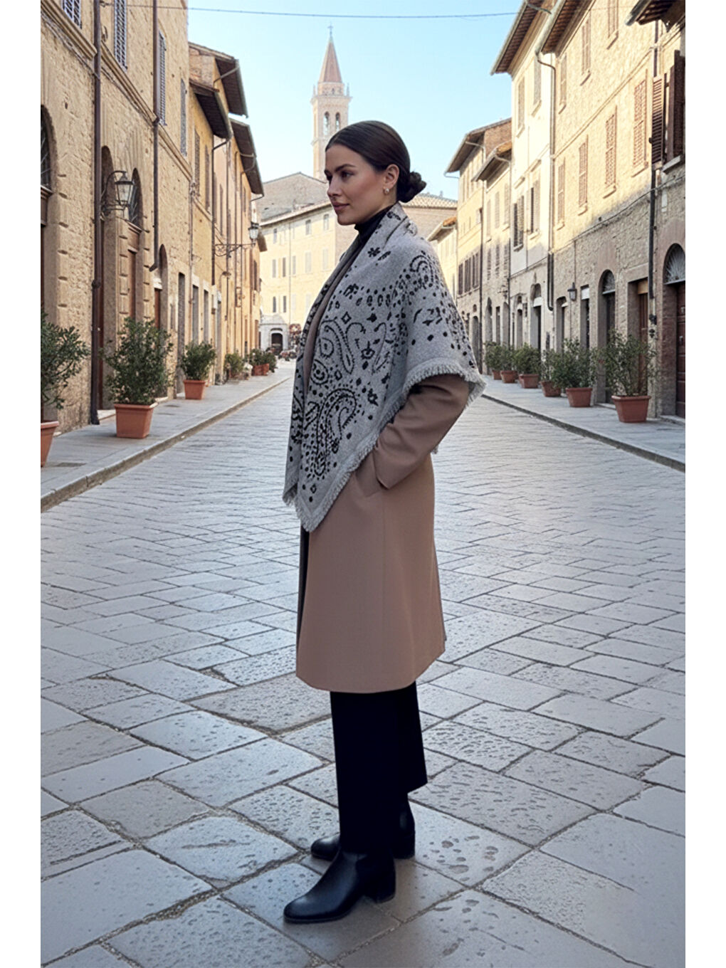 Kaşmir Örgü Desenli Kare Omuz Şalı 108x108 cm 1300 Gri-3