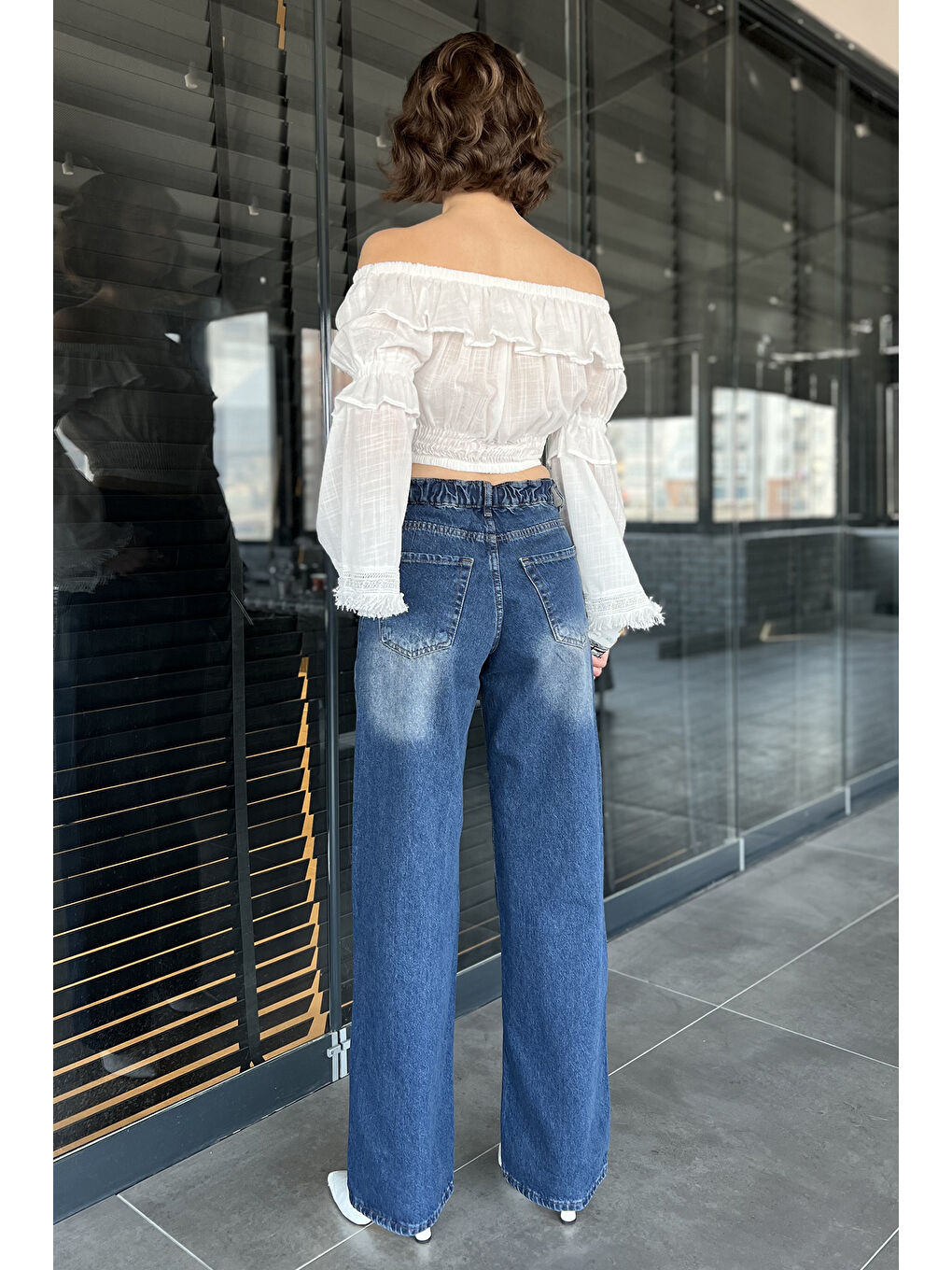 Lacivert Bel Bağlamalı Bol Paça Kadın Jean Pantolon-2