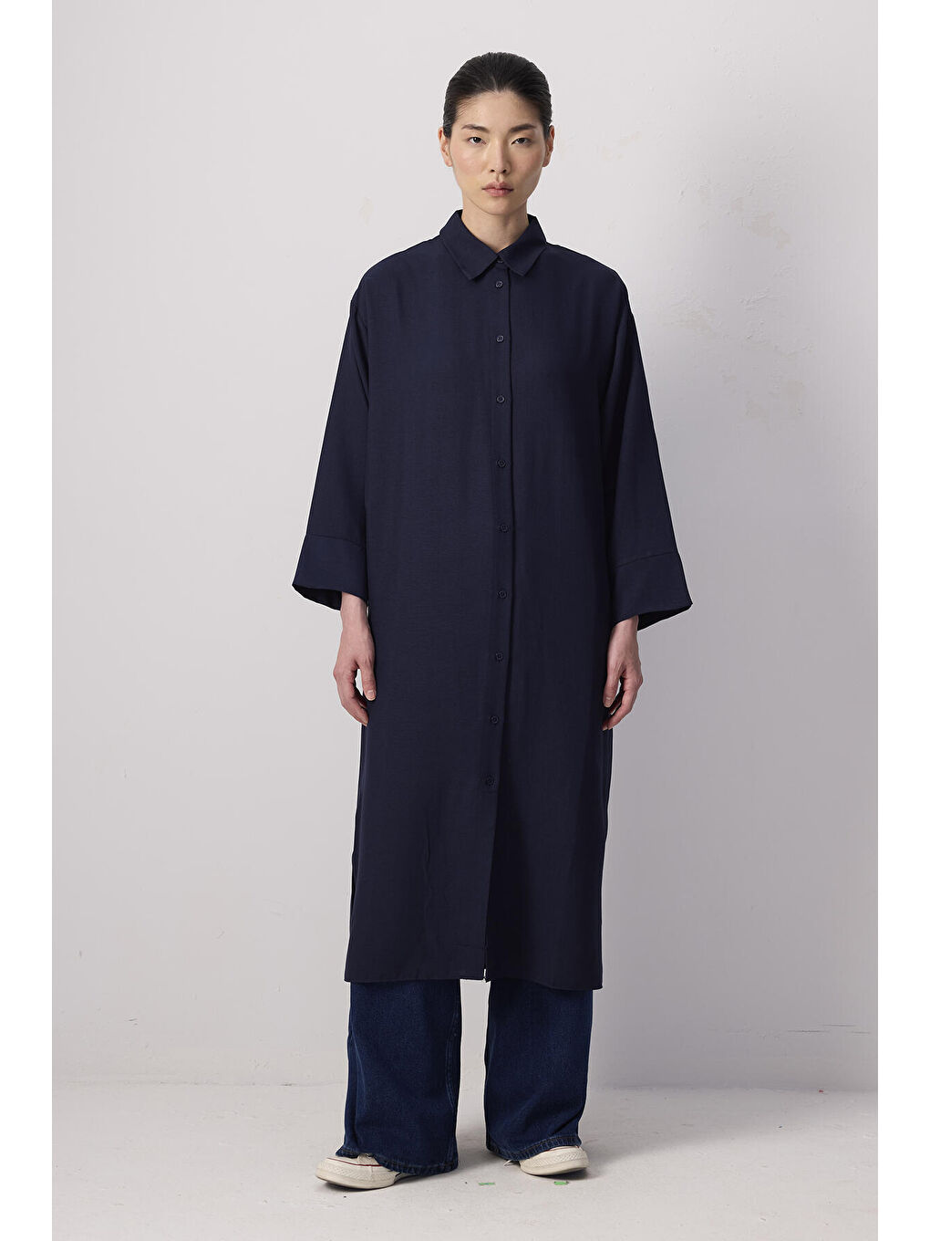 Lacivert Özel Dokulu Maxı Tunik