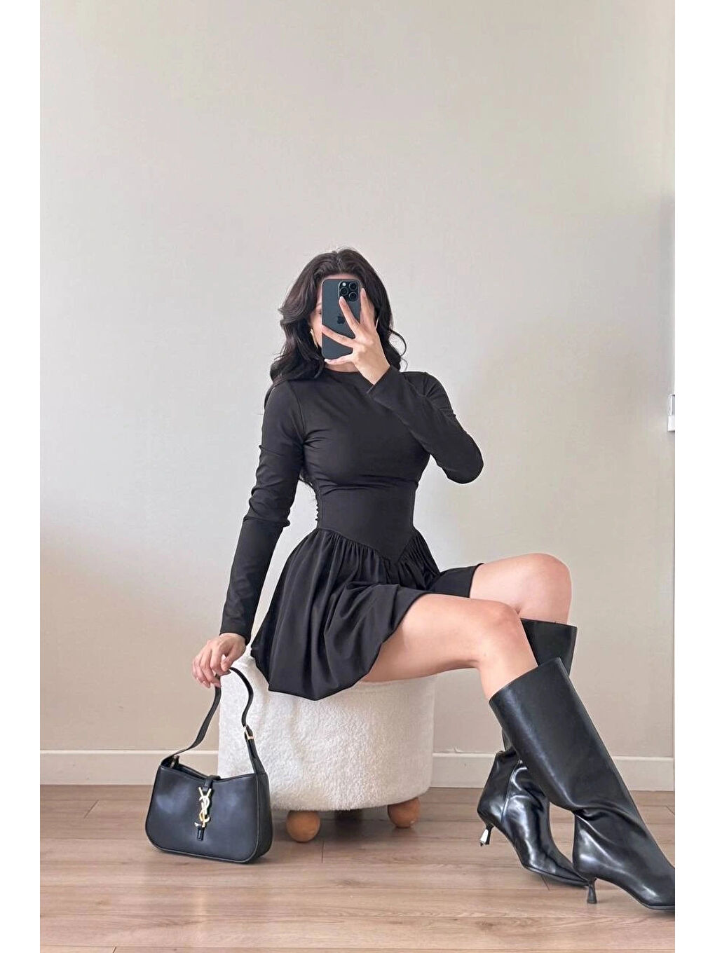 Kadın Siyah Dalgıç Kumaş Balon Elbise 1041-2717-2