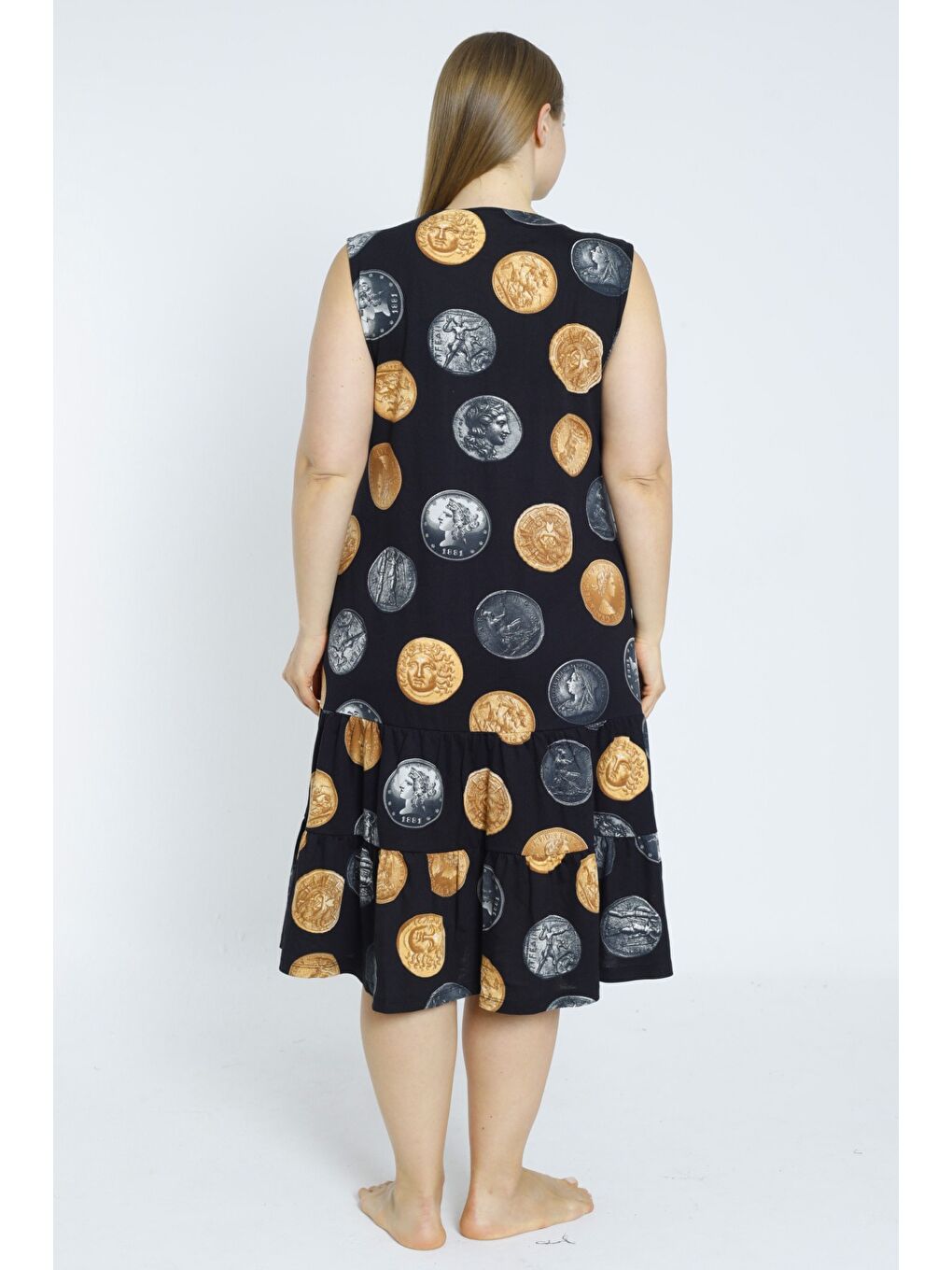 Siyah Para Desenli Askılı Cepli Pamuklu Elbise-4