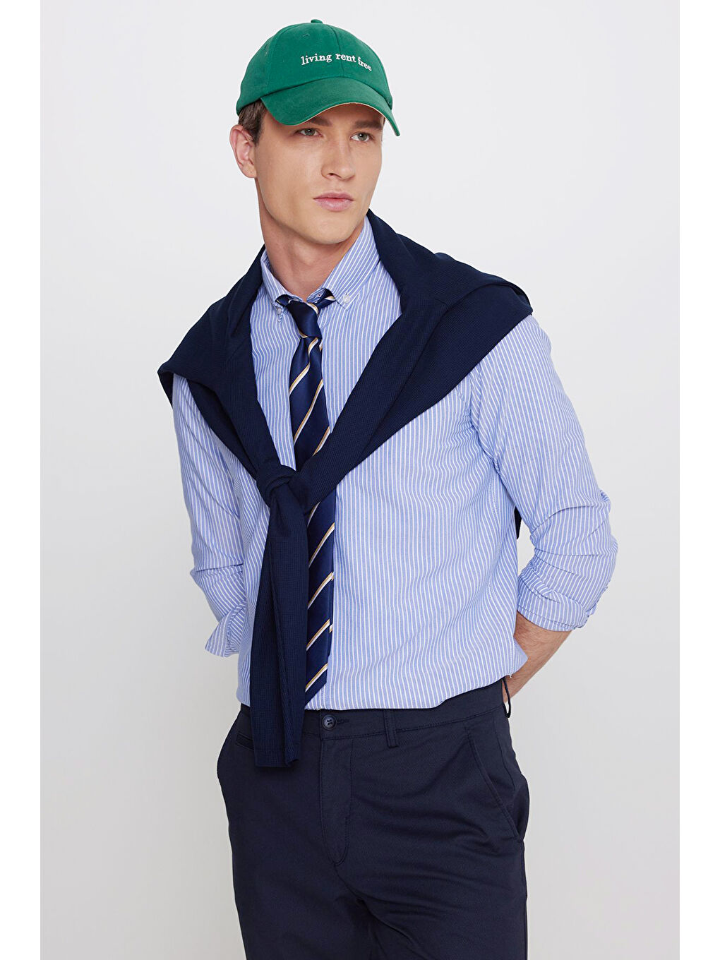 Erkek Mavi-Beyaz Pamuklu Slim Fit Dar Kesim İtalyan Yaka Oxford Gömlek-1