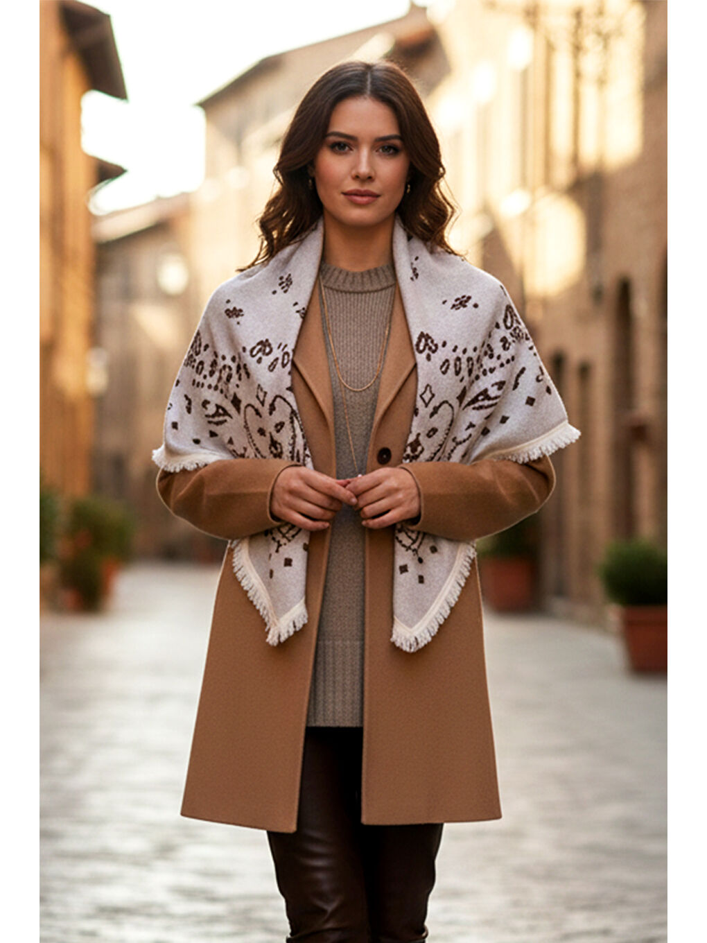 Lila Kaşmir Örgü Desenli Kare Omuz Şalı 108x108 cm 1300 Ekru01