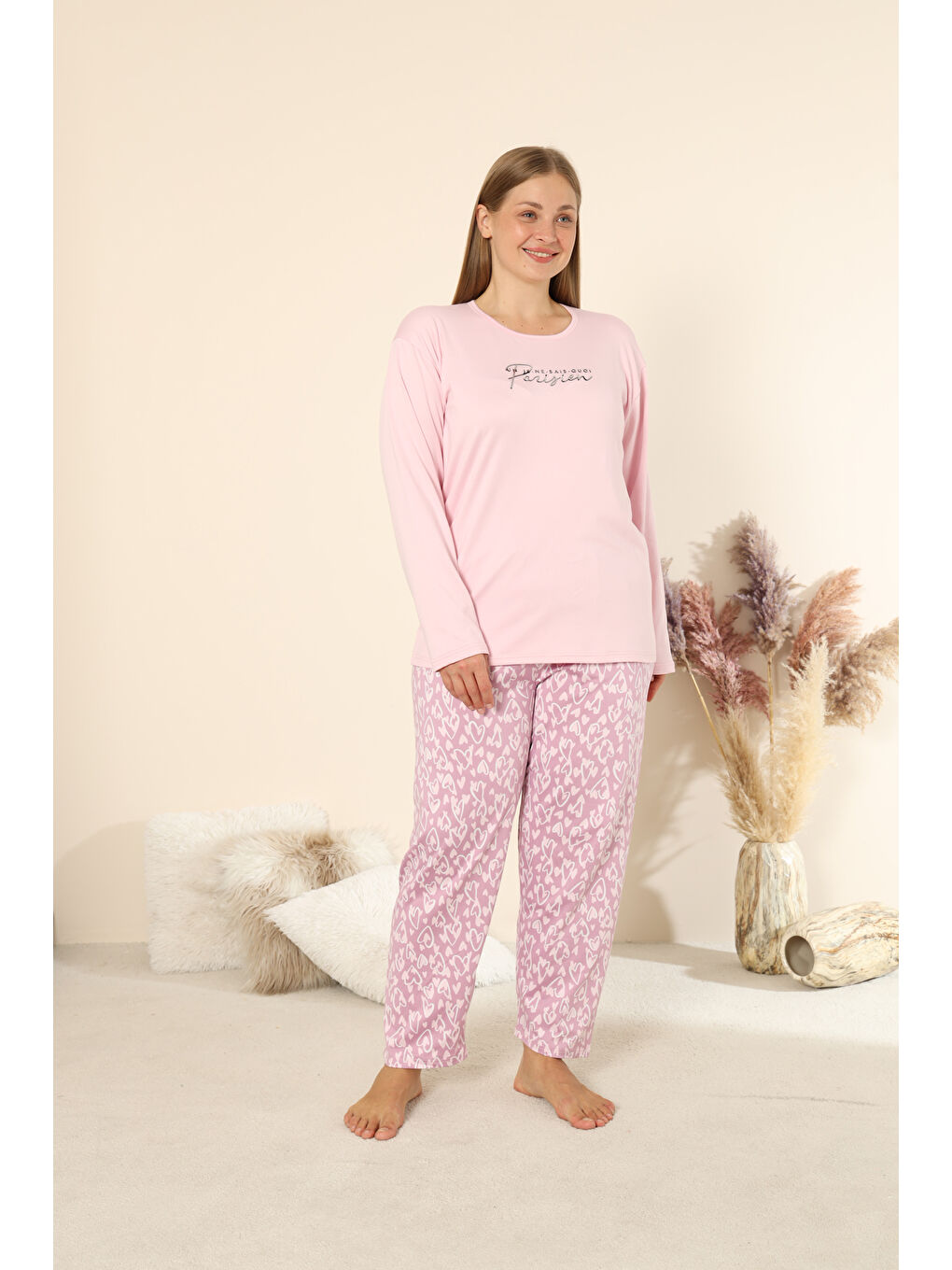 Lila Sandy Soft Termal Kumaş Büyük Beden Kışlık Kadın Pijama Takımı 8050