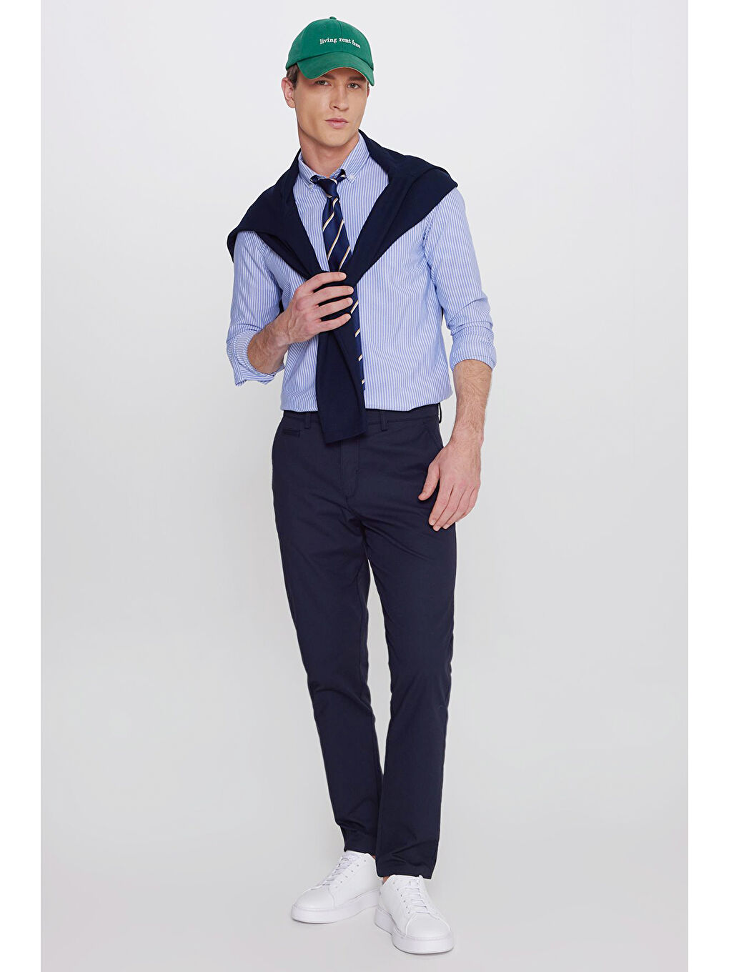 Erkek Mavi-Beyaz Pamuklu Slim Fit Dar Kesim İtalyan Yaka Oxford Gömlek-2