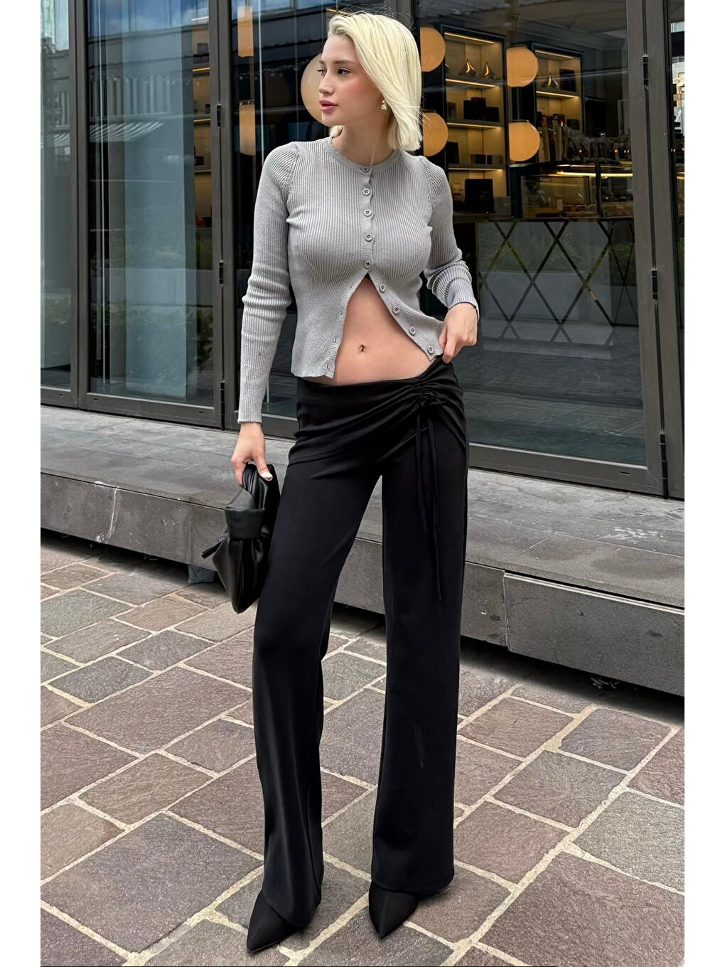 Siyah Modal Yumuşak Büzgü Bağcık Detaylı Flare Kadın Pantolon Mg2562-1