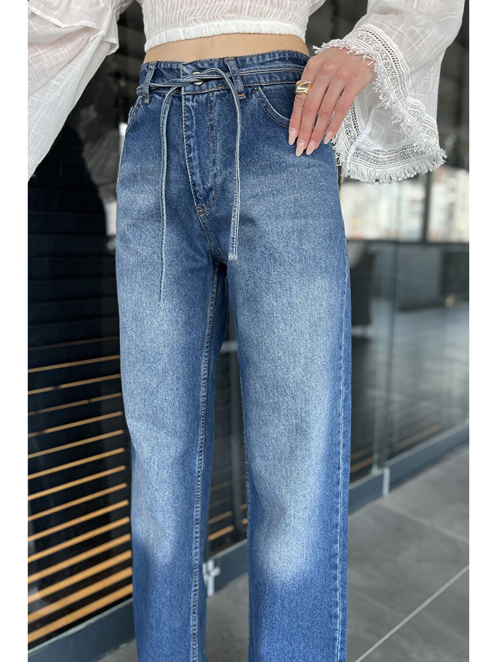 Lacivert Bel Bağlamalı Bol Paça Kadın Jean Pantolon-3