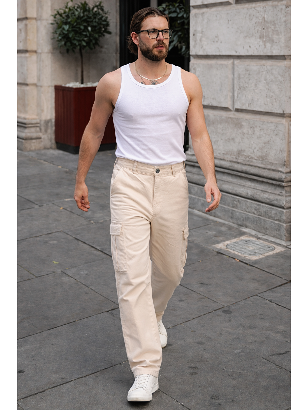 Erkek Günlük Kargo Cep Bej Baggy Pantolon-3
