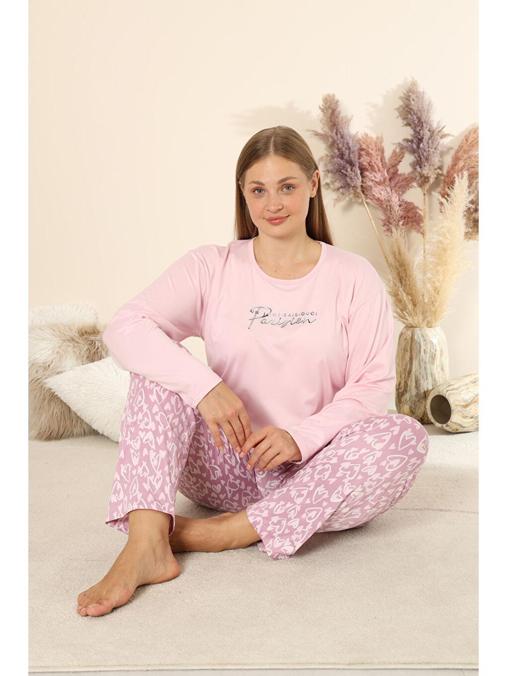 Lila Sandy Soft Termal Kumaş Büyük Beden Kışlık Kadın Pijama Takımı 8050-2