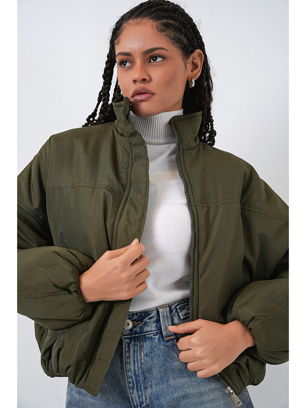 Kadın Oversize Bomber Şişme Mont 5124 - Haki-3