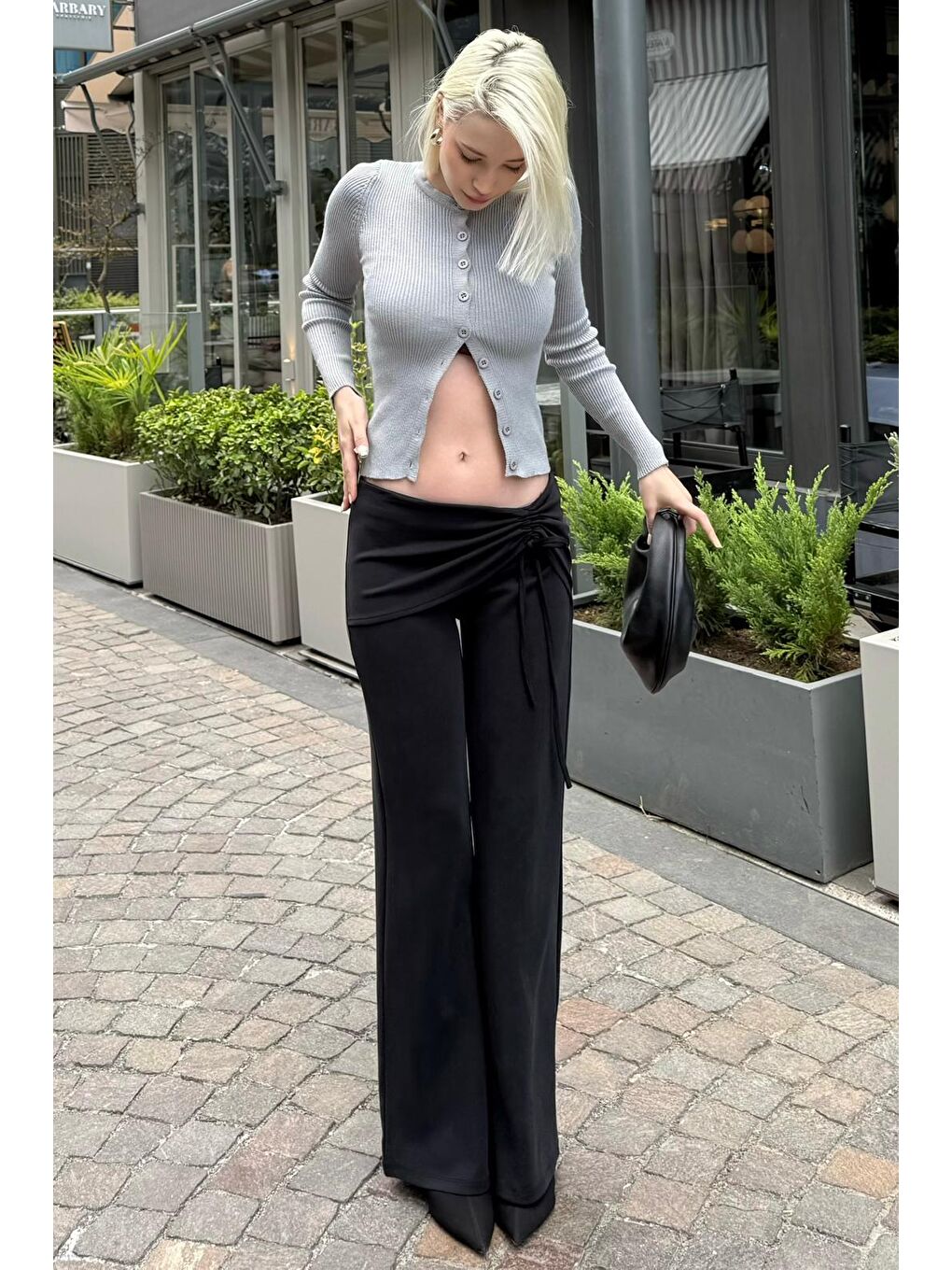 Siyah Modal Yumuşak Büzgü Bağcık Detaylı Flare Kadın Pantolon Mg2562-6