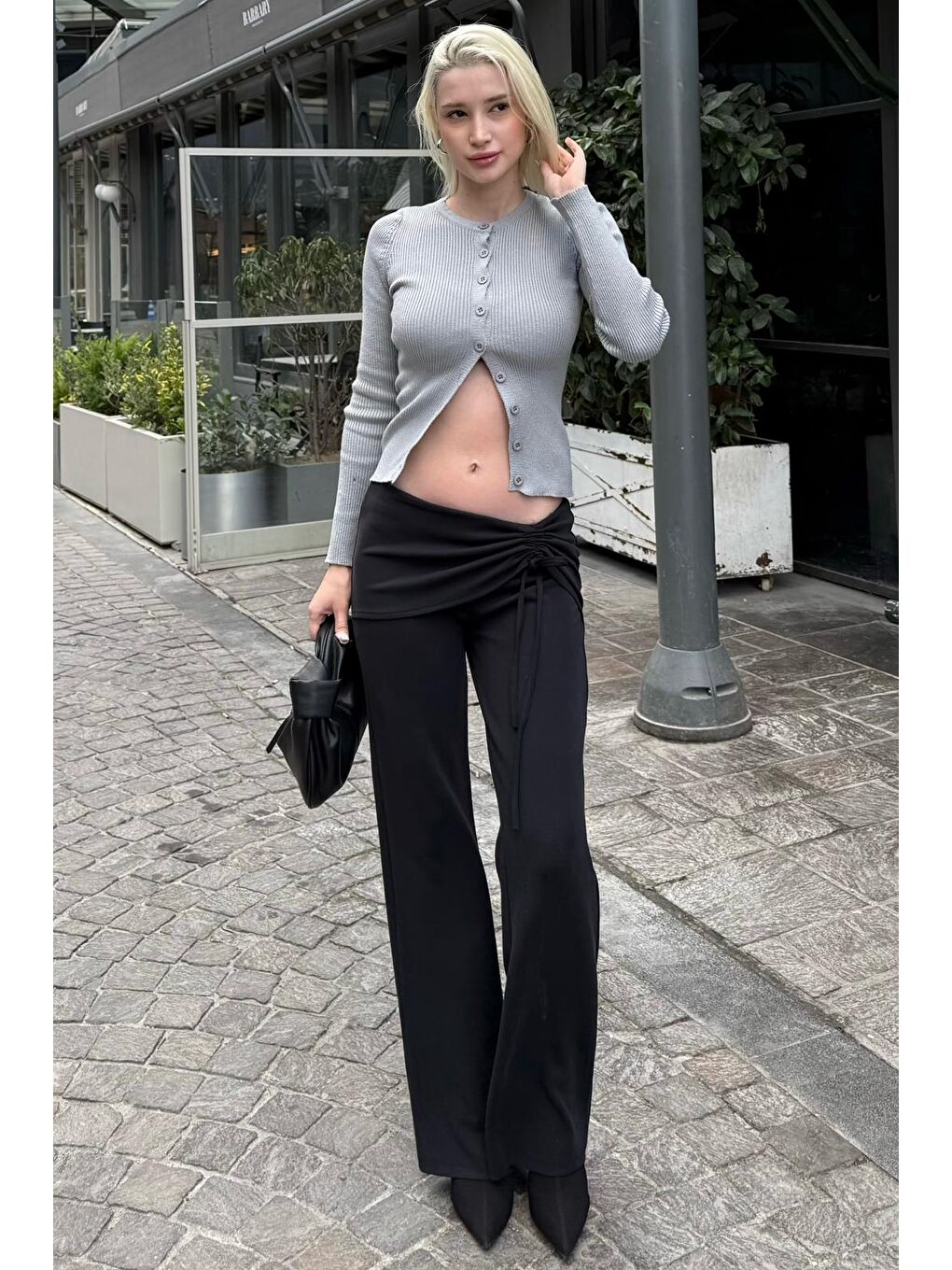 Siyah Modal Yumuşak Büzgü Bağcık Detaylı Flare Kadın Pantolon Mg2562-7