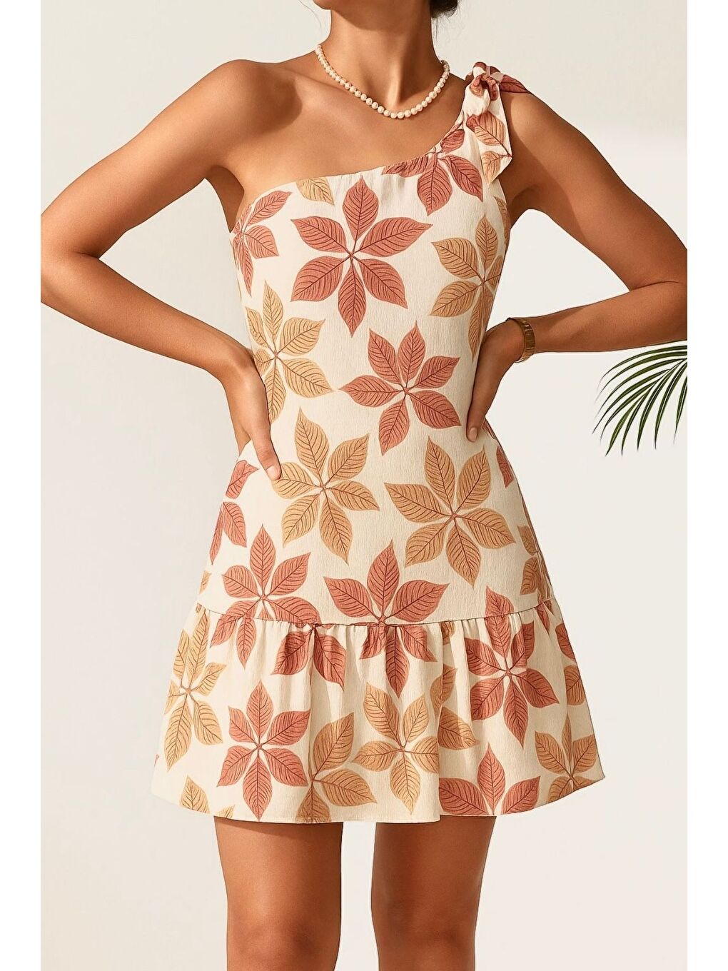 Kahverengi Kadın Turuncu-Kahve Çiçek Desenli Tek Omuz Bağlamalı Fırfırlı Krinkıl Elbise