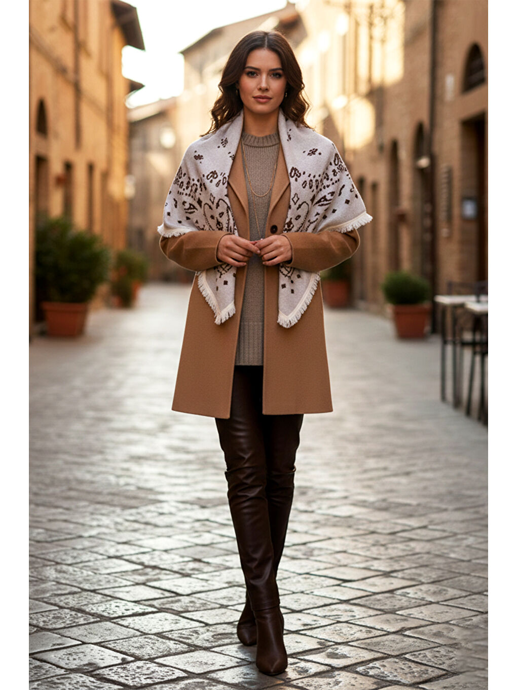 Lila Kaşmir Örgü Desenli Kare Omuz Şalı 108x108 cm 1300 Ekru01-3