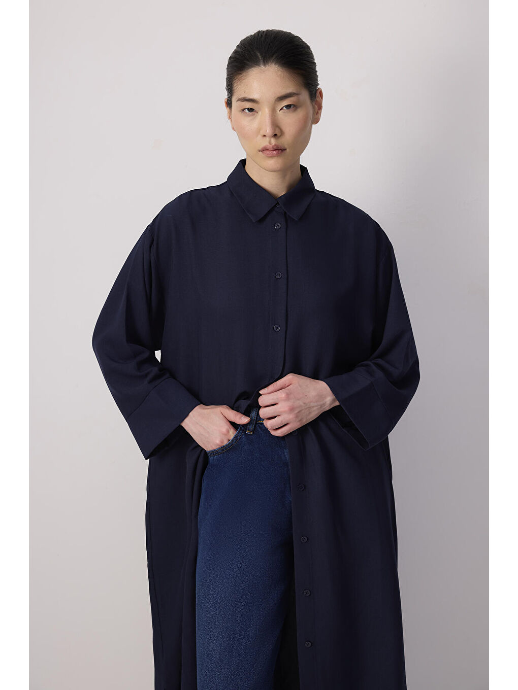 Lacivert Özel Dokulu Maxı Tunik-1