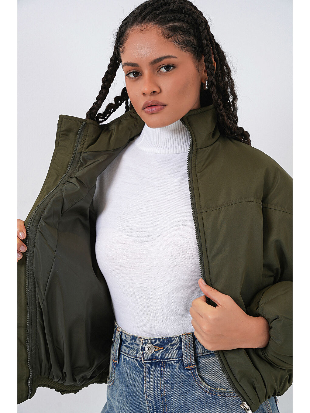 Kadın Oversize Bomber Şişme Mont 5124 - Haki-4