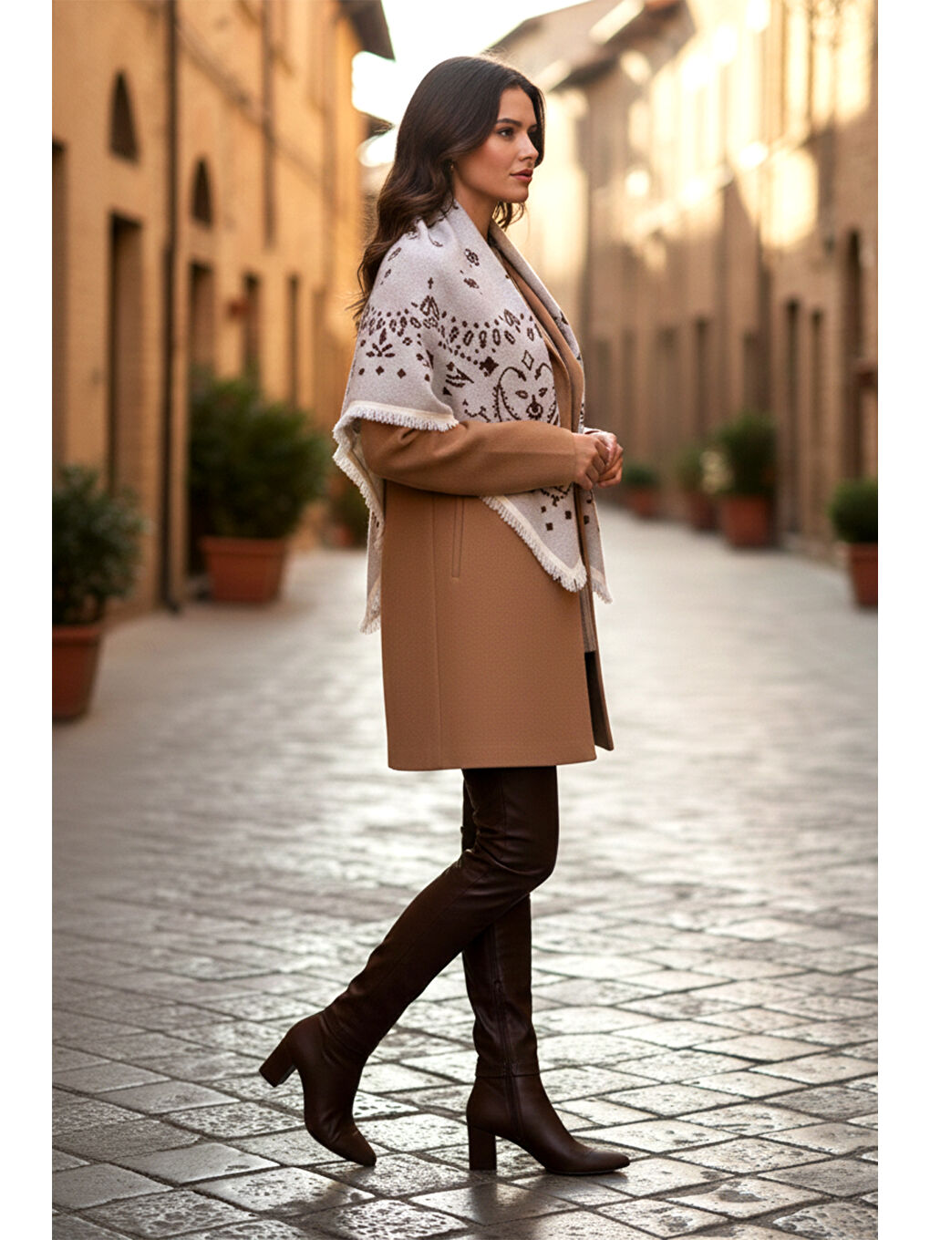 Lila Kaşmir Örgü Desenli Kare Omuz Şalı 108x108 cm 1300 Ekru01-4