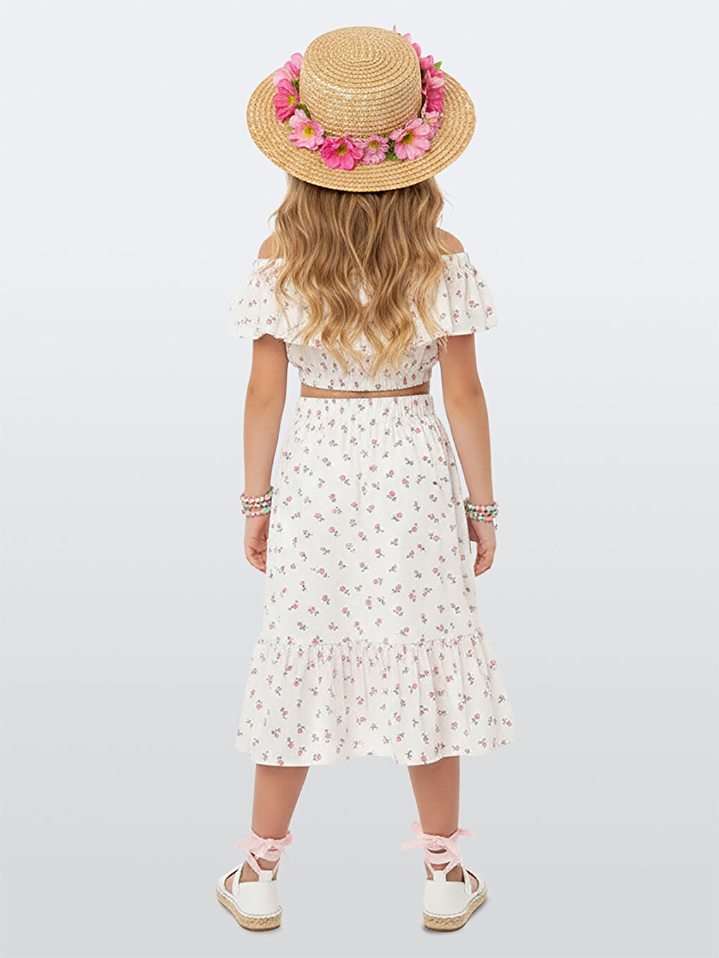 Çiçekli Kız Çocuk Fırfırlı Crop Beyaz Etek Takım-2