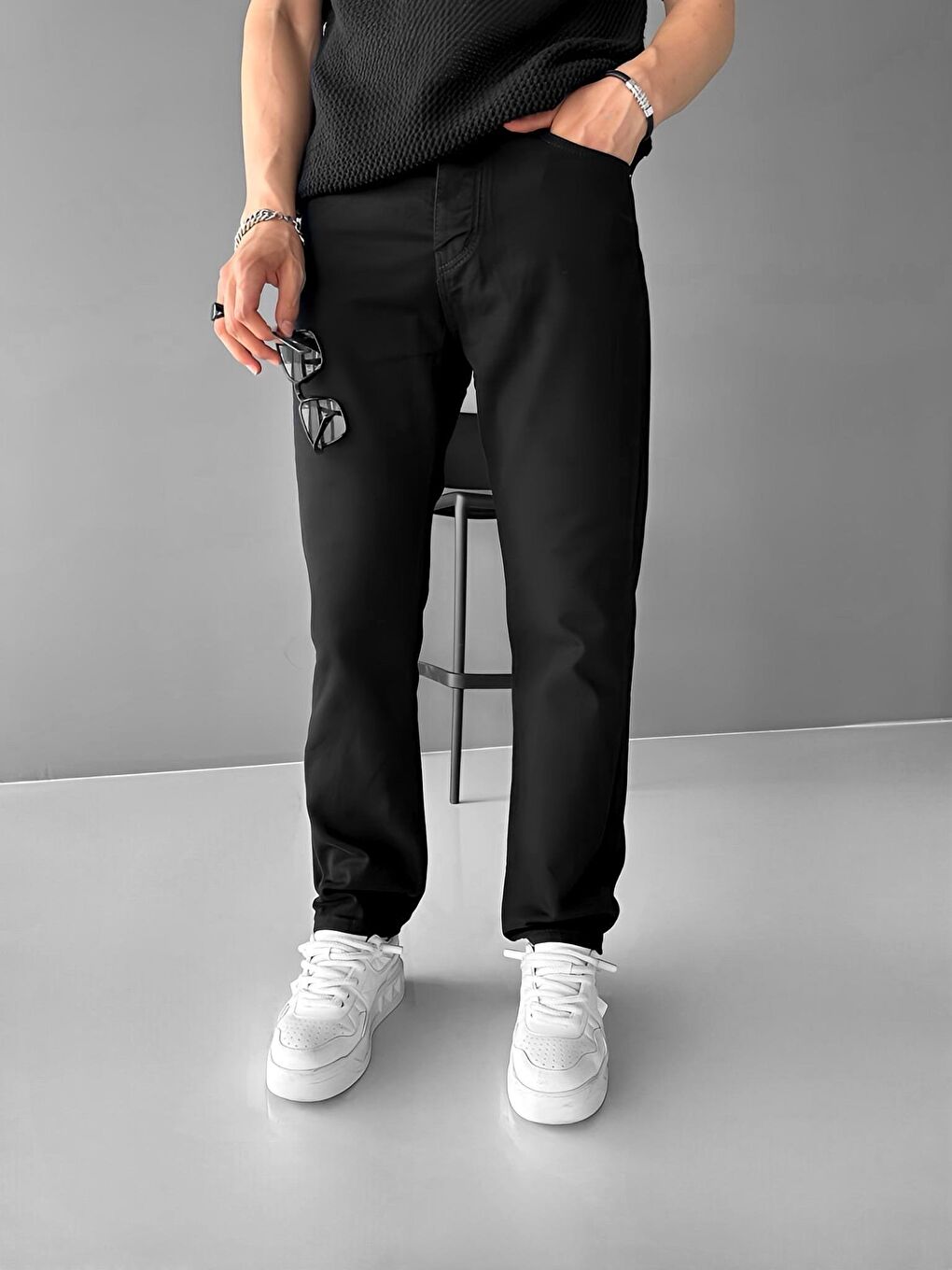 Erkek Baggy Fit Basic Jean Pantolon Siyah-1