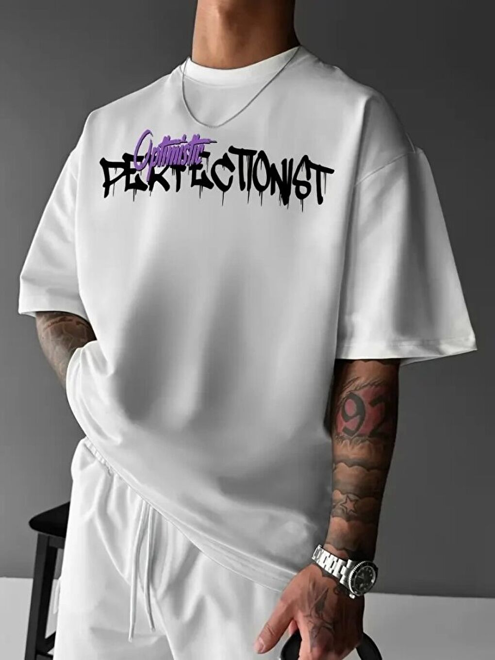 Baskılı Oversize Bisiklet Yaka T-shirt - Beyaz-1