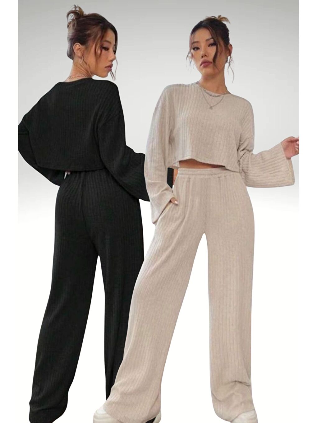 2Li Set Bej-Siyah Fitilli Örme Kumaş Bisiklet Yakalı Crop Sweatshirt Bol Kesim Rahat Eşofman Takım