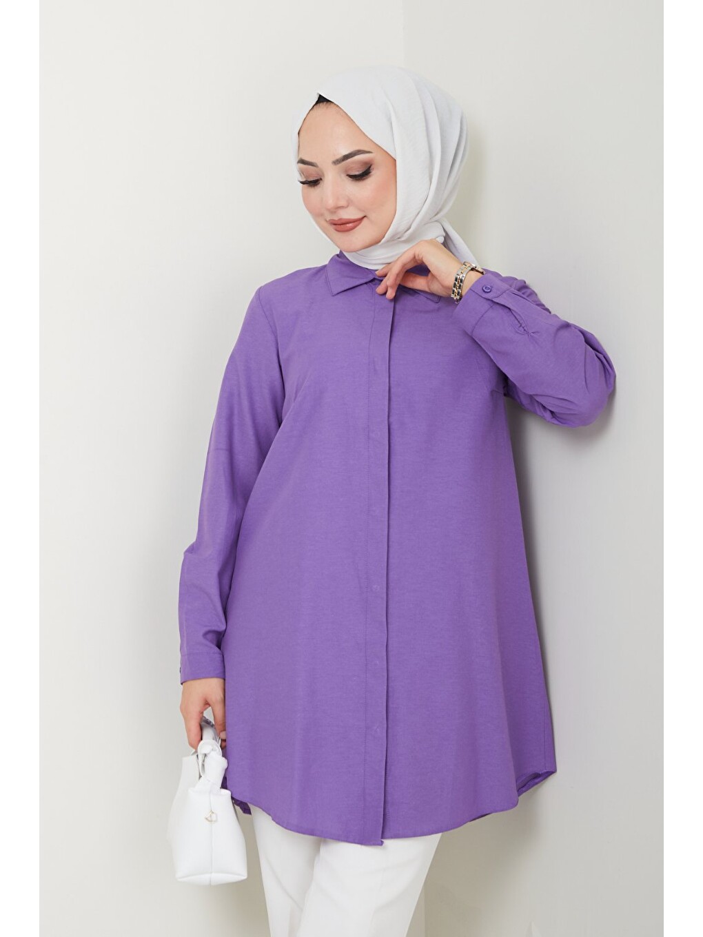 Kadın Uzun Basic Mor Polo Yaka Tesettür Gömlek Elbise-4