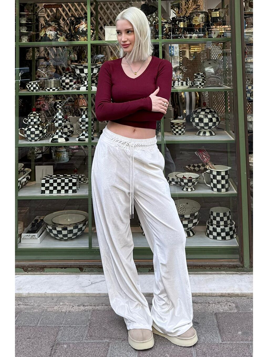 Ekru Bol Paça Kadife Pantolon Mg2283-2