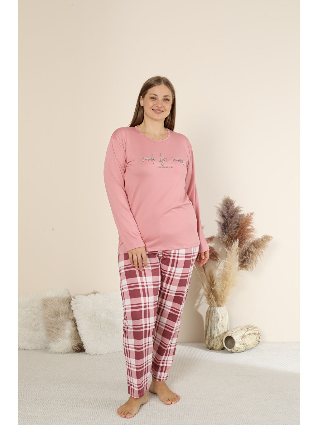 Pembe Sandy Soft Termal Kumaş Büyük Beden Kışlık Kadın Pijama Takımı 8050
